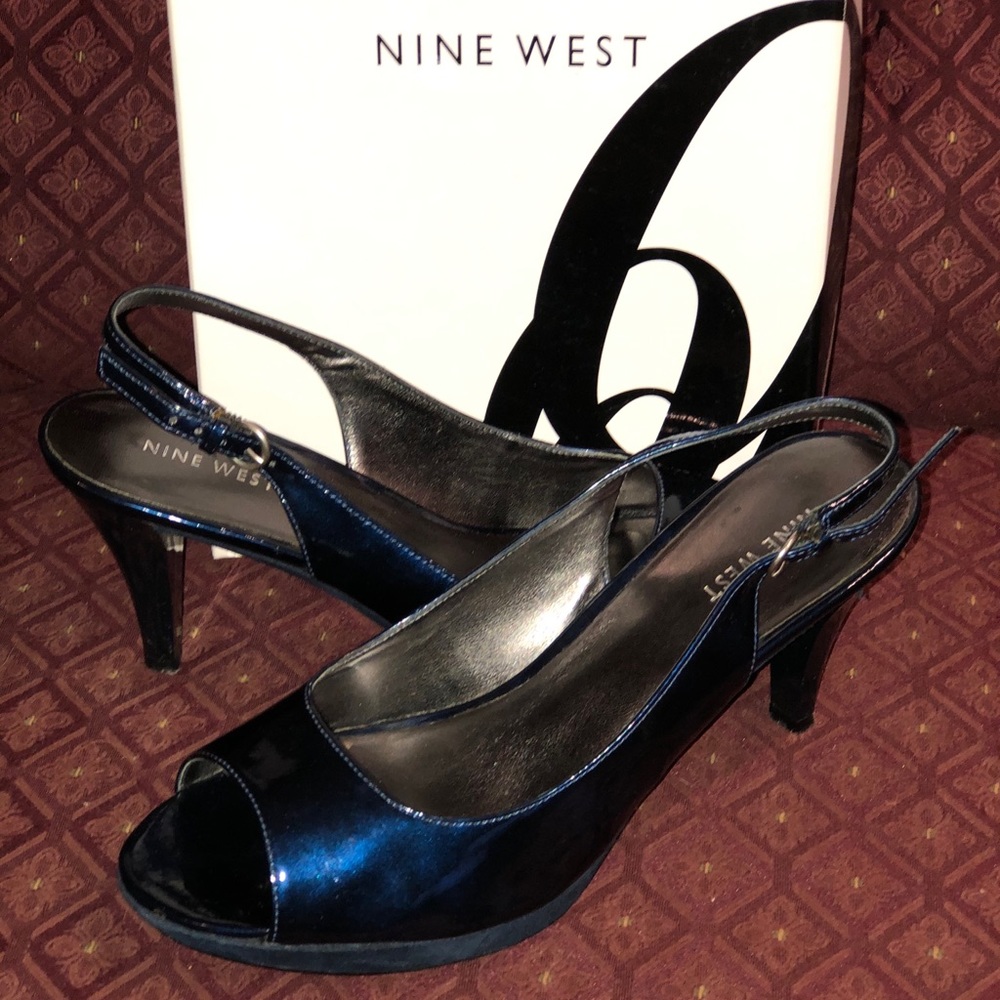 NINE WEST Dark Blue Paten Leather Strappy Slide